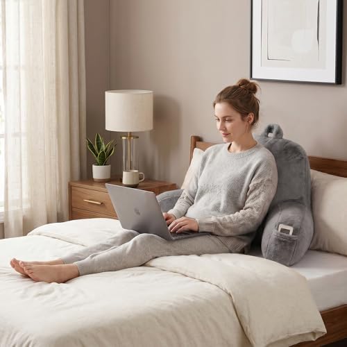 Soft Reading Pillow for Bed with Arms,Middle,Gray,Faux Fur