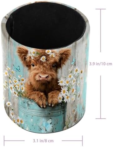 Leather Pen Holder for Desk, Highland Cow Flower Pencil Cup Pen Organizer Makeup Brush Holder for Office Home Kids Countertop Desk Accessory Storage