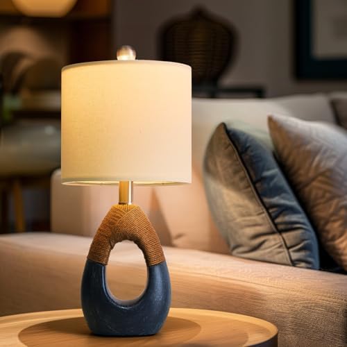 OYEARS 19" Table Lamp for Living Room,Boho Lamp for Bedroom, Bedside for Nightstands, Suitable for Small Space,Coastal Farmhouse, End Table, Rattan Nautical Beach Style, Blue,1 Pack
