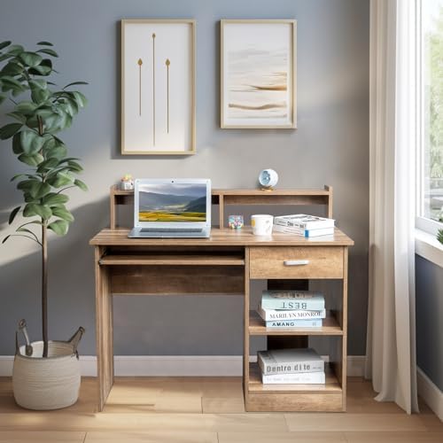 Karl home Computer Desk Study Writing Desk, Wooden Home Office Workstation PC Laptop Table with Drawer Shelf Keyboard Tray, Brown