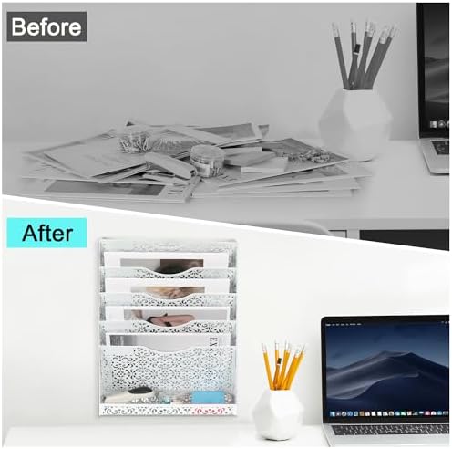 EasyPAG Desk File Organizer Heavy Duty Metal Wall Mount File Holder 5 Tier Mail Paper Folder Holder with Bottom Tray for Office Home Cubicle Countertop, White