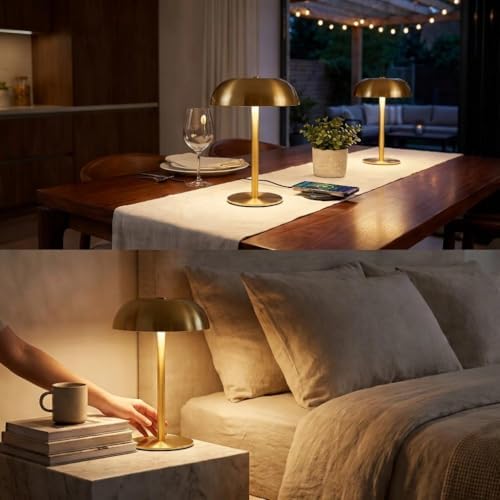 2 Pack Portable LED Mushroom Table Lamp, Metal Cordless Desk Night Light, Stepless Dimming Touch Lamp with 3 Colors for Bedroom Bedside Restaurant Bar, Golden