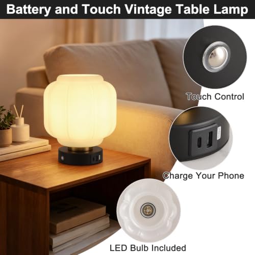 Rechargeable Table Lamp, Cordless Milk Glass Bedside Lamp Small