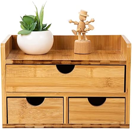Rustic Bamboo Desk Organizer with Drawers,3-Drawer Desktop Storage Box