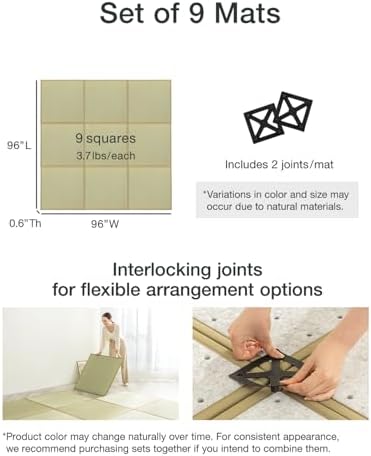 FULI Japanese Square Tatami Mat, 32x32x0.6 in, Natural, 9 Pieces, Igusa