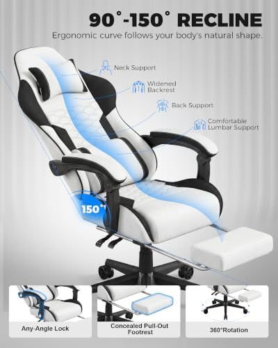 LUCKRACER Gaming Chair with Footrest and Pocket Spring Cushion, 90°-155° Reclining Ergonomic Computer Chair, 4" Height Adjustable, Lumbar Support, SGS Class 3 Gas Lift, White