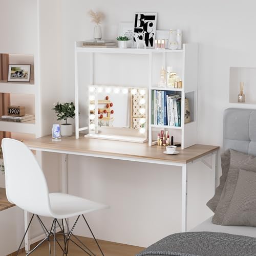 White 37" Desk Hutch for Table Top, Dorm Desk Bookshelf with Side Baffles, Desktop Organizer Shelf for Office & College, Monitor Riser Stand