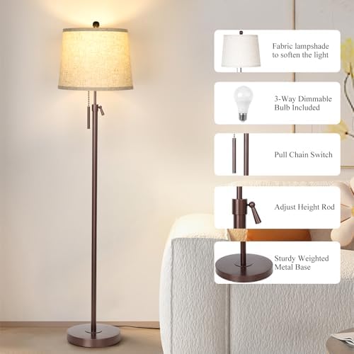 JUNNAI Modern Floor Lamp Adjustable Height Standing Lamp Tall Lamp with 3 Color Temperatures Floor Lamps for Living Room Bedroom Office Beige Shade Bulb Included-Brown