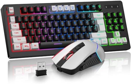 BlueFinger Wireless Gaming Keyboard and Mouse Combo, RGB Rainbow Backlit Rechargeable Battery, 87 Keys TKL Light Up Keyboard with Ergonomic Gaming Mouse for Mac Laptop Computer PC Gamer(White & Black)