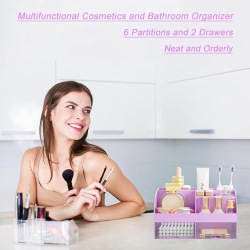 Makeup Organizer with 2 Drawers, Cosmetic Storage for Dresser Vanity and Bathroom Countertop,Make up organization and Skincare Storage with Beauty Brush Holder, Cosmetic Display Case (Purple)