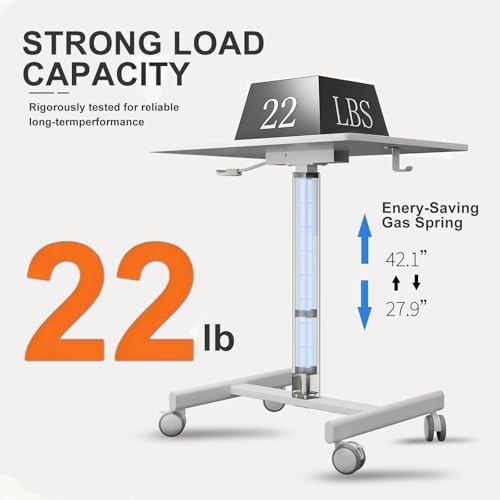 Mobile Standing Desk on Wheels, Pneumatic Height Adjustable, White
