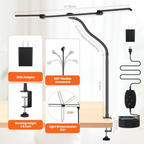 LED Desk Lamp for Office Home, 3 Head Adjustable Desk Light with Adapter