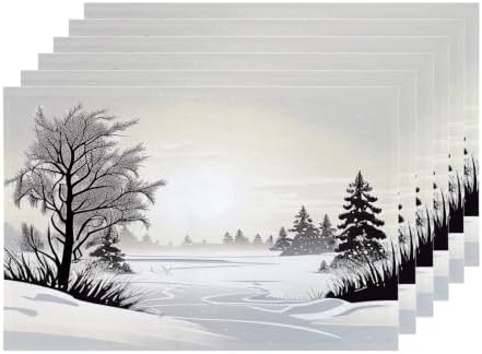 Shrahala Winter Landscape Set of 6 12 X 18 Inch Linen Placemats, Grey and White Snow Fields Burlap Table Mat Washable Double Layered Heat Insulation for Indoor