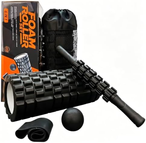 Aucuu 6 in 1 Foam Roller Set Includes Hollow Core Massage Roller, Yoga Stick, Massage Ball, Fitness Stretching Strap, Carrying Bag, Towel, Massage Roller (Black)