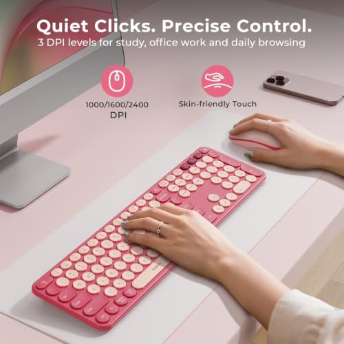 seenda COE202 Bluetooth Keyboard Mouse Combo, Retro Round Keys, Pink