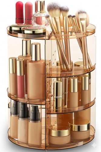 Masirs 360 Rotating Makeup Organizer Countertop, Adjustable Shelf, Brown
