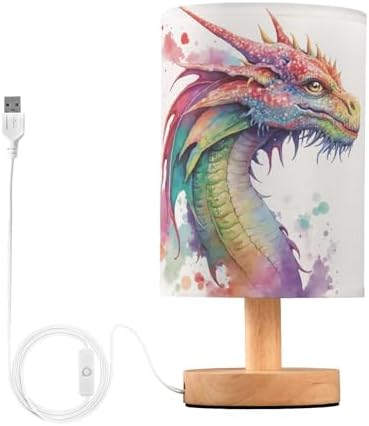 Bedside Lamp Watercolor Dragon Table Lamp for Bedroom LED Nightstand Lamp Shade USB Ports Wood Base for Living Room Dorm Office