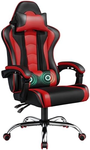 Yaheetech Gaming Chair with Massage Lumbar Pillow High Back Reclining Red