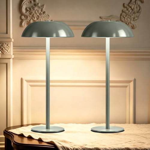 2 Pack Portable LED Mushroom Table Lamp, 12H Cordless Metal Night Light with Rechargeable Battery, Stepless Dimmable 3 Colors Desk Lamp for Bedroom Bar Coffee Shop(Green)