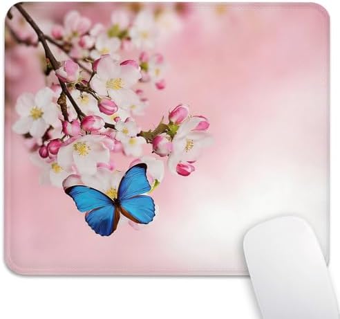 Pink Cherry Blossom & Blue Butterfly Mouse Pad, Japanese Sakura Desk Mat