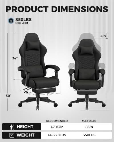 LUCKRACER Gaming Chair with Footrest and Pocket Spring Cushion, 90°-155° Reclining Ergonomic Computer Chair, 4" Height Adjustable, Lumbar Support, SGS Class 3 Gas Lift, Black