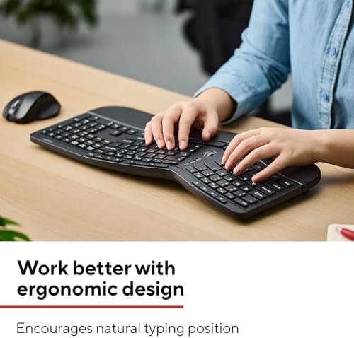 Staples TECH Wireless Ergonomic Keyboard, Full-Size, Wrist Rest, Black