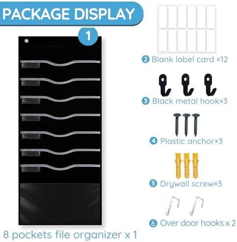 ALSLEA Hanging File Organizer 8 Pockets 15¾”W Legal/ Letter Size Paper Organizer, Pocket Chart for Classroom , Mail Organizer Wall Mounted, Over the Door Organizer with 12 Nameplate, 5 Hooks (Black)