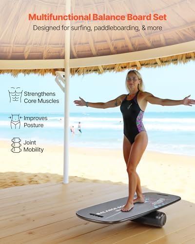 VEVOR Balance Board, 2-in-1 Wobble Board Trainer for Adults, Premium Wooden Balance Training Equipment, with Roller, Magnetic Stoppers, Storage Rack, for Core Workouts, Surf Trainer & Physical Therapy