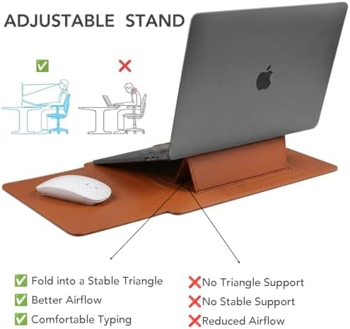4-in-1 Laptop Sleeve with Stand and Mouse Pad, Faux Leather Protective Case with Accessory Pouch for 15-16 Inch Laptops, Brown