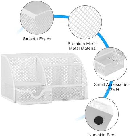 EasyPAG Mesh Desk Organizer with Drawer Multi-functional Pen Holder Stationery Organizer for Office School Supplies 6 Compartments Dorm Organizers and Storage for Desk, White