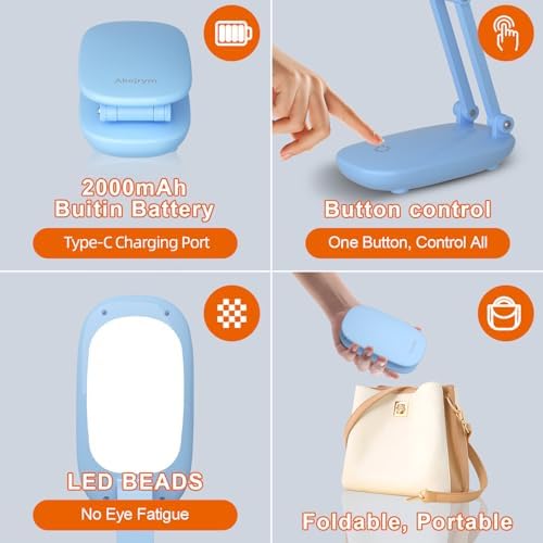 Akejrym LED Desk Lamp for Office & Home, Battery Operated, Foldable & Portable Light, 2-Fold Bracket, 3 Brightness Dimmable, Wireless Reading Lamp (Blue)