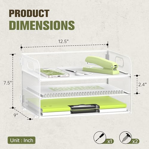DALTACK 3 Tier Paper Organizer for Desk, Sliding Paper Trays, White