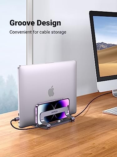 UGREEN 2-Slot Vertical Laptop Stand Holder Desk Compatible with MacBook Pro Air Laptop Stand Desktop Adjustable, Lenovo Ideapad, Surface Book, HP Notebook, Dell Chromebook Up to 17.3 Inch, Space Gray