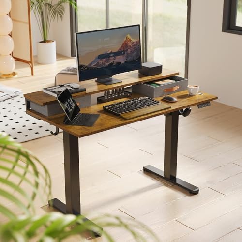 Seang Electric Standing Desk with 2 Drawers, 55 Inch, Rustic Brown