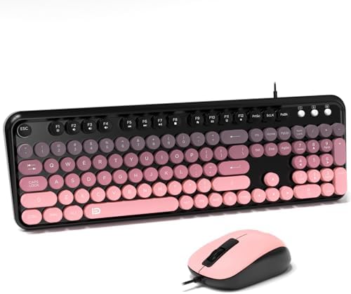 FOPETT 8870P Wired Keyboard and Mouse Combo - Full-Sized Computer Keyboards with 104 Round Keys Retro Typewriter Mouse and Keyboard for PC Windows Desktop Laptop - Pink Colorful