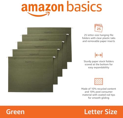 Amazon Basics Hanging File Folders with Adjustable Tabs, Sturdy Expandable Document Organizer, Letter Size 8.5x11 inch, Green, 25-Pack