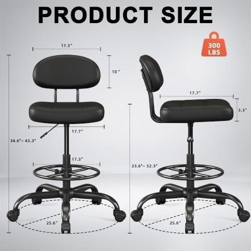 Armless Drafting Chair with Back, Tall Office Chair for Standing Desk, PU Faux Leather,Footrest Ring,Adjustable Height,360°Wheels for Bar Home Office