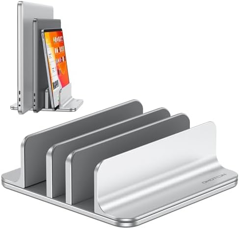 OMOTON 3-Slot Multiple Vertical Laptop Stand, Fits MacBook, Bright Silver
