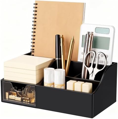 HBlife Acrylic Desk Organizer with Drawer, Pen & Pencil Holder, Multifunctional Desktop Caddy for Office Supply and Organization (Black)