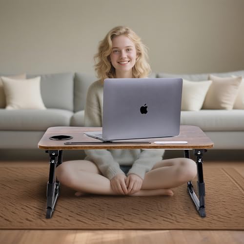 BYMECOST Laptop Desk for Bed, Height Adjustable Laptop Bed Table, Foldable Portable Lap Desk Stand with USB/Storage Drawer/Cup Holder/Slot, Breakfast Tray for Working Reading Writing Eating