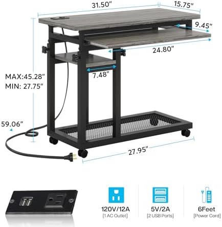 Tribesigns Small Portable Desk with Power Outlet, Height Adjustable Sofa Couch Bedside Laptop Table with Wheels, Mobile Standing Desk Rolling Computer Cart C Side Table with USB Ports