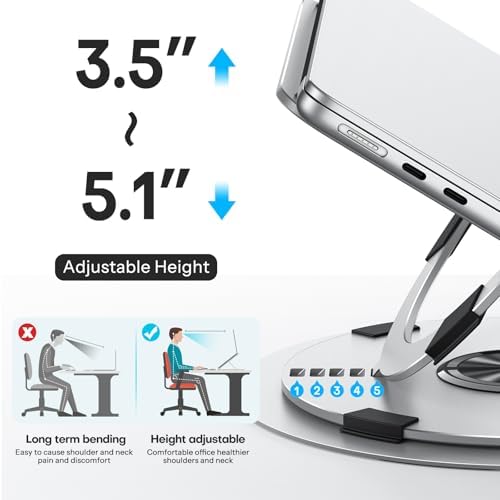 OMOTON Portable Laptop Stand for Desk, Ergonomic Computer Stand with 360° Rotating Base, 5-Level Adjustable Aluminum Foldable Mount, Compatible for 10-15.6" Laptops