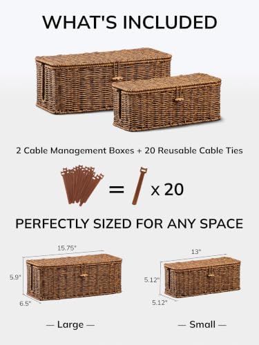 Cable Management Box, Cord Organizer with Lid & Cable Ties - Brown Set