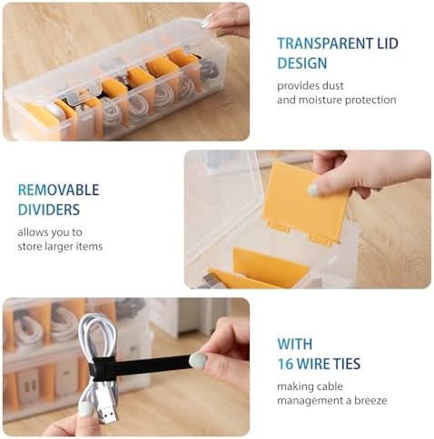 2 Pack Cable Organizer Storage Box with 16 Cable Ties, Clear Phone Charger Organizer Case Wire Organizers for Cords Electronic Storage Box for Drawer Desk Office Home