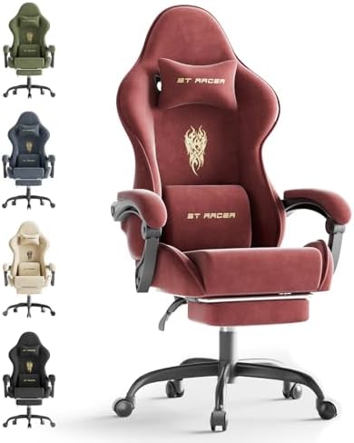 Huracan Ergonomic Gaming Chair with Massage Lumbar Cushion, High‑Back Reclining Velvet Fabric Computer Chair with Footrest for Home Use, Adjustable Racing‑Style Gamer Chair for Work and Streaming, Red