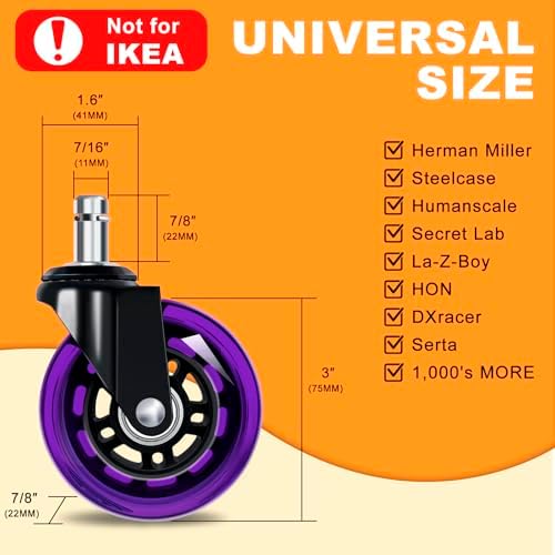 Office Chair Wheels for Casters Replacement - 3" Rubber Wheels for Computer Gaming Desk Caster Smooth & Safe Rolling for All Floors Including Hardwood and Carpet - Set of 5 - Purple