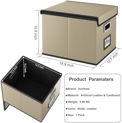 Foldable File Organizer Box with Lids (1 Pack, Khaki, Leather)