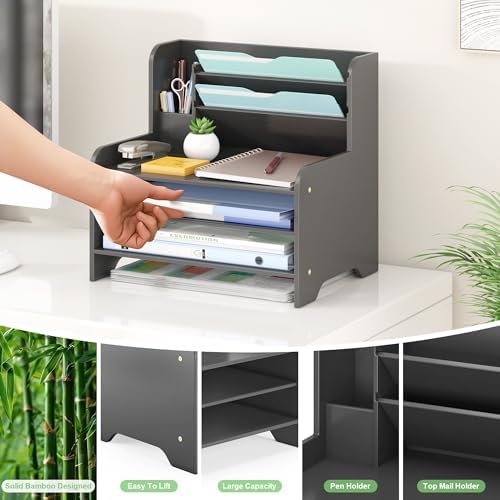 Bamboo File Organizer for Desk, Desktop Paper Tray and Mail Holder