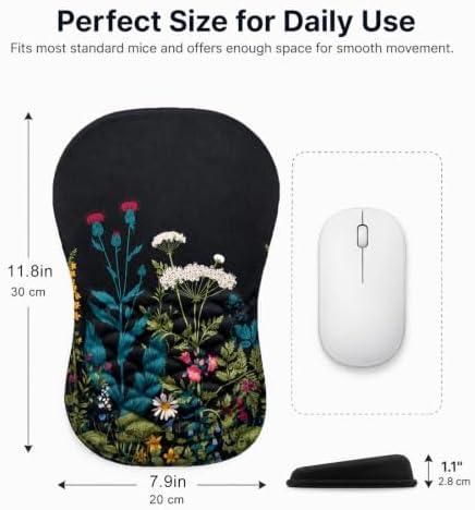 Ergonomic Mouse Pad with Wrist Rest, Mouse Pad with Memory Foam Massage Support, Non-Slip PU Base, Comfortable Typing Cushion for Home Office Computer Laptop, Flowers Grass