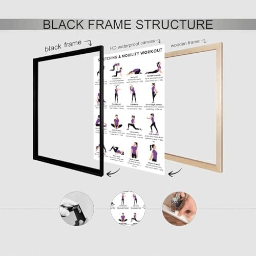 Stretching & Mobility Workout Poster, 16 Illustrated Full-Body Flexibility Chart with Timed Hold Guides, Bodyweight Daily Stretch Reference for Desk Soreness & Post-Workout Joint Recovery(16x24inchs，Black Framed)